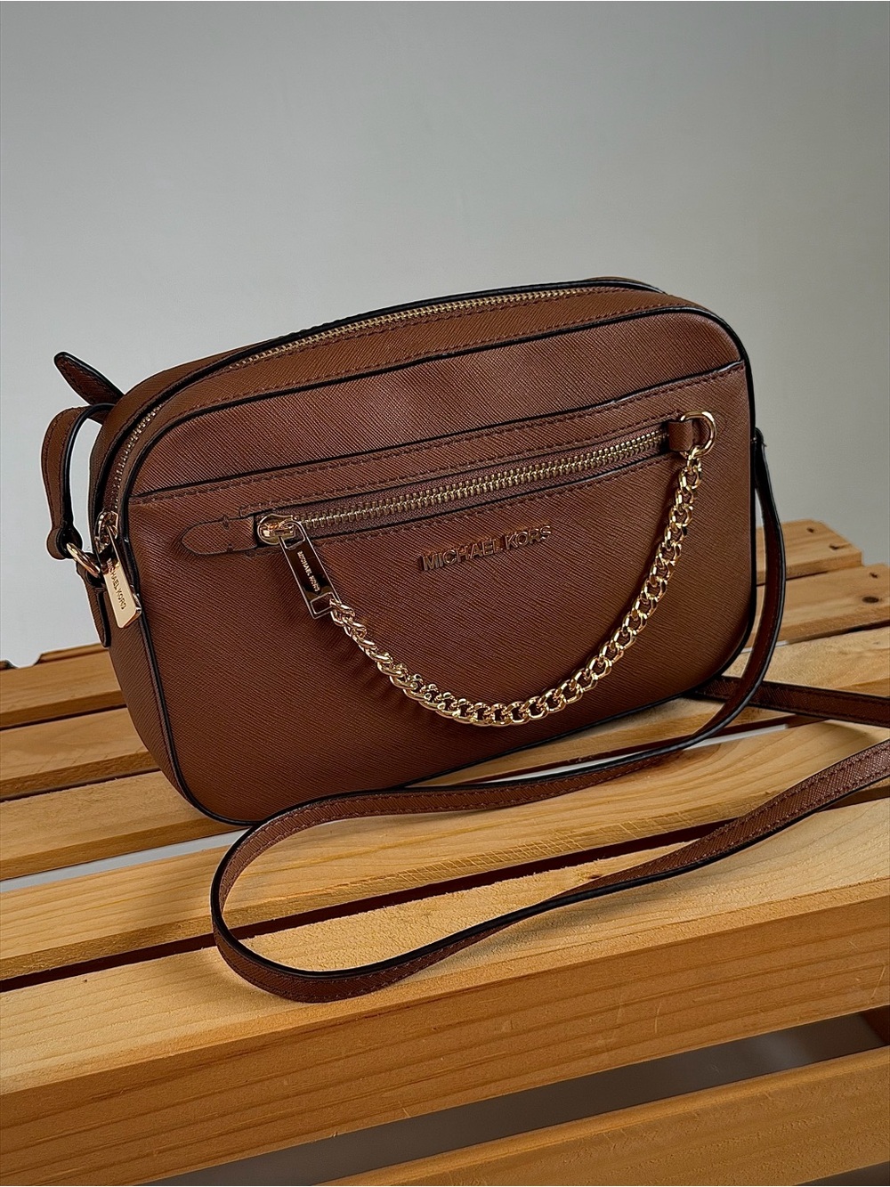 Michael Kors Brown Saffiano Crossbody with Gold Chain Accent